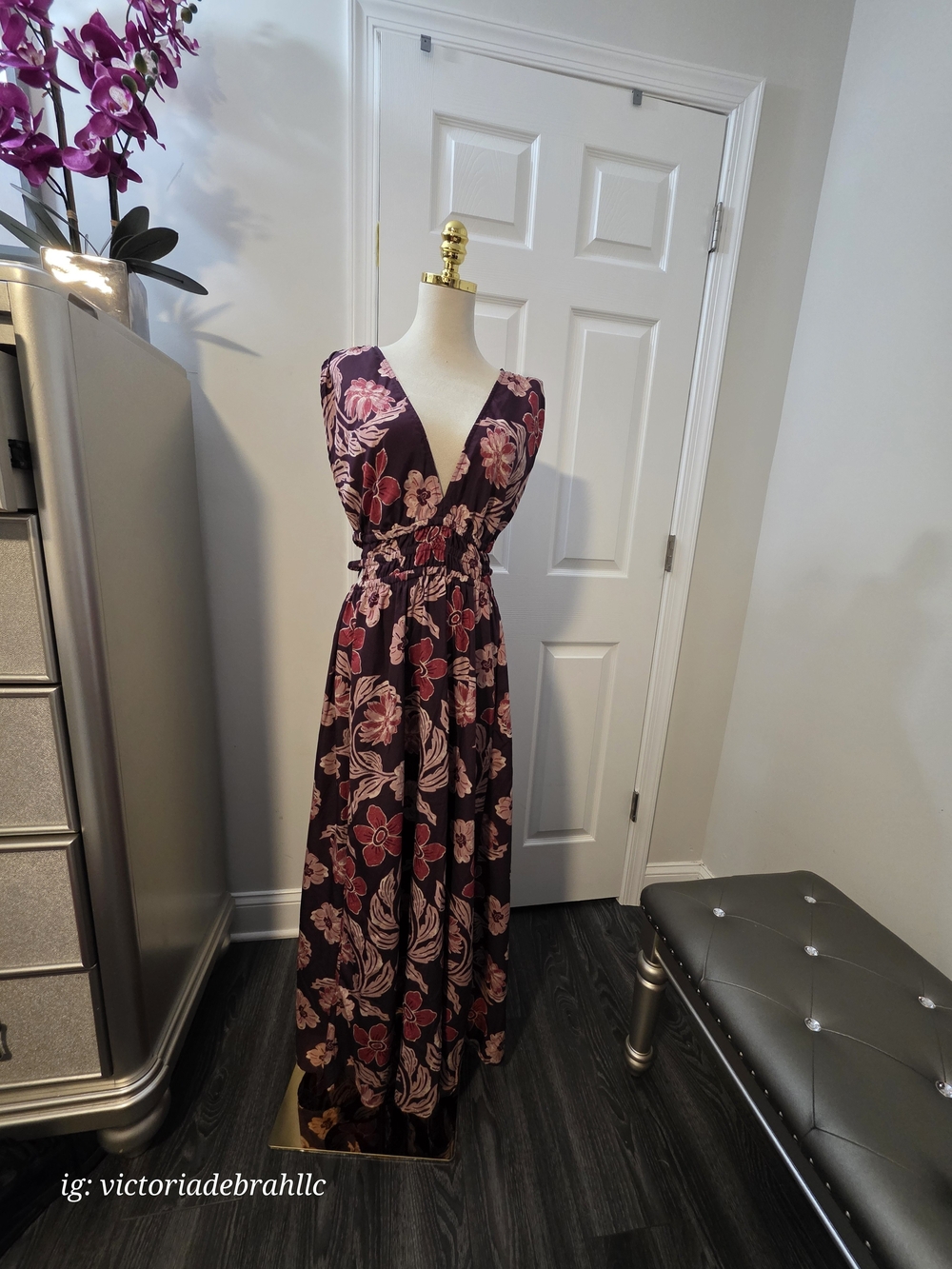 Indigo Floral Deep V Maxi Dress in Plum and Pink